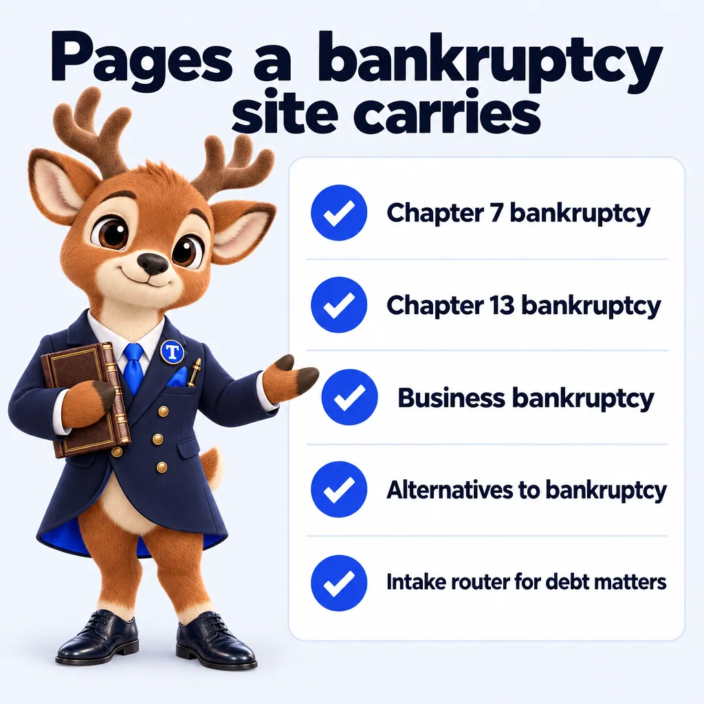 Pages a bankruptcy site carries: Chapter 7 bankruptcy; Chapter 13 bankruptcy; Business bankruptcy; Alternatives to bankruptcy; Intake router for debt matters. Tiber, the stag mascot, presents it.