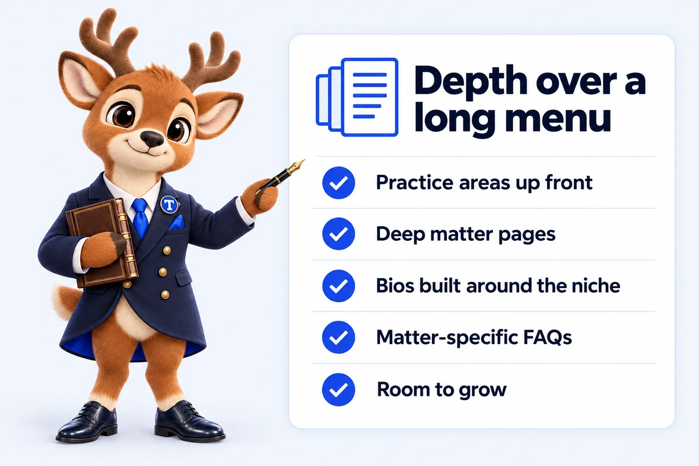Depth over a long menu: Practice areas up front; Deep matter pages; Bios built around the niche; Matter-specific FAQs; Room to grow. Tiber, the stag mascot, presents it.