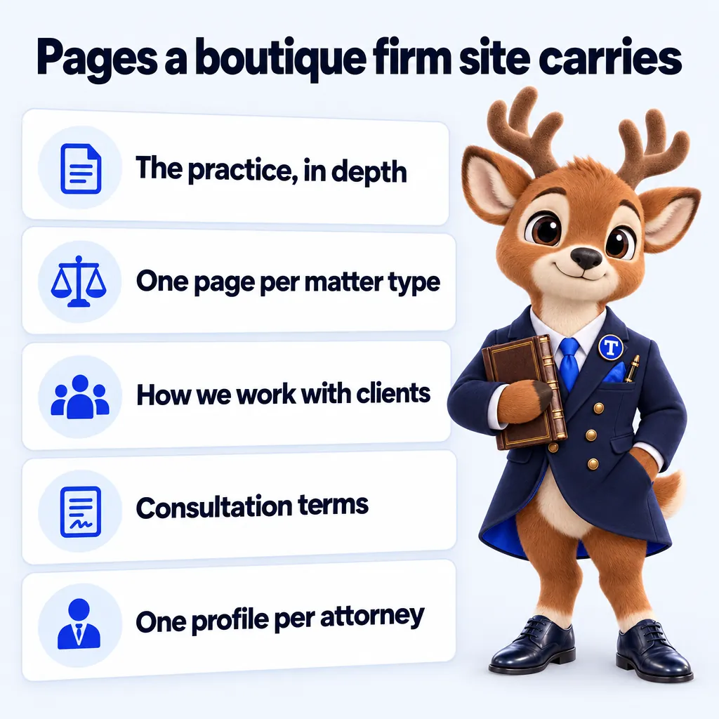 Pages a boutique firm site carries: The practice, in depth; One page per matter type; How we work with clients; Consultation terms; One profile per attorney. Tiber, the stag mascot, presents it.