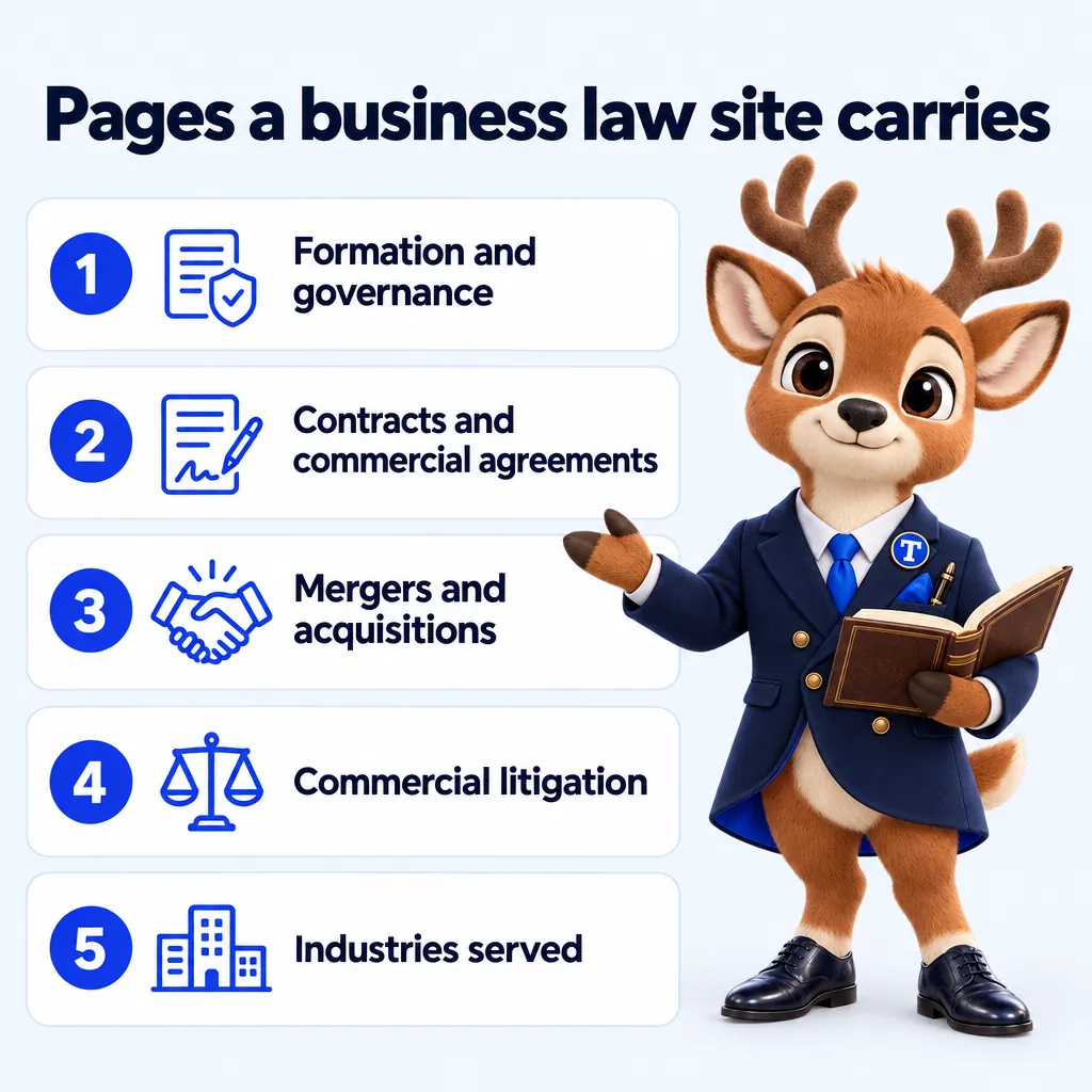 Pages a business law site carries: Formation and governance; Contracts and commercial agreements; Mergers and acquisitions; Commercial litigation; Industries served. Tiber, the stag mascot, presents it.