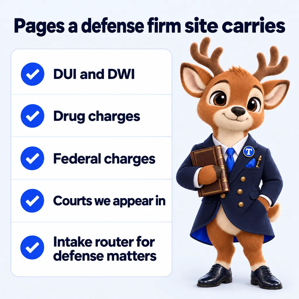 Pages a defense firm site carries: DUI and DWI; Drug charges; Federal charges; Courts we appear in; Intake router for defense matters. Tiber, the stag mascot, presents it.