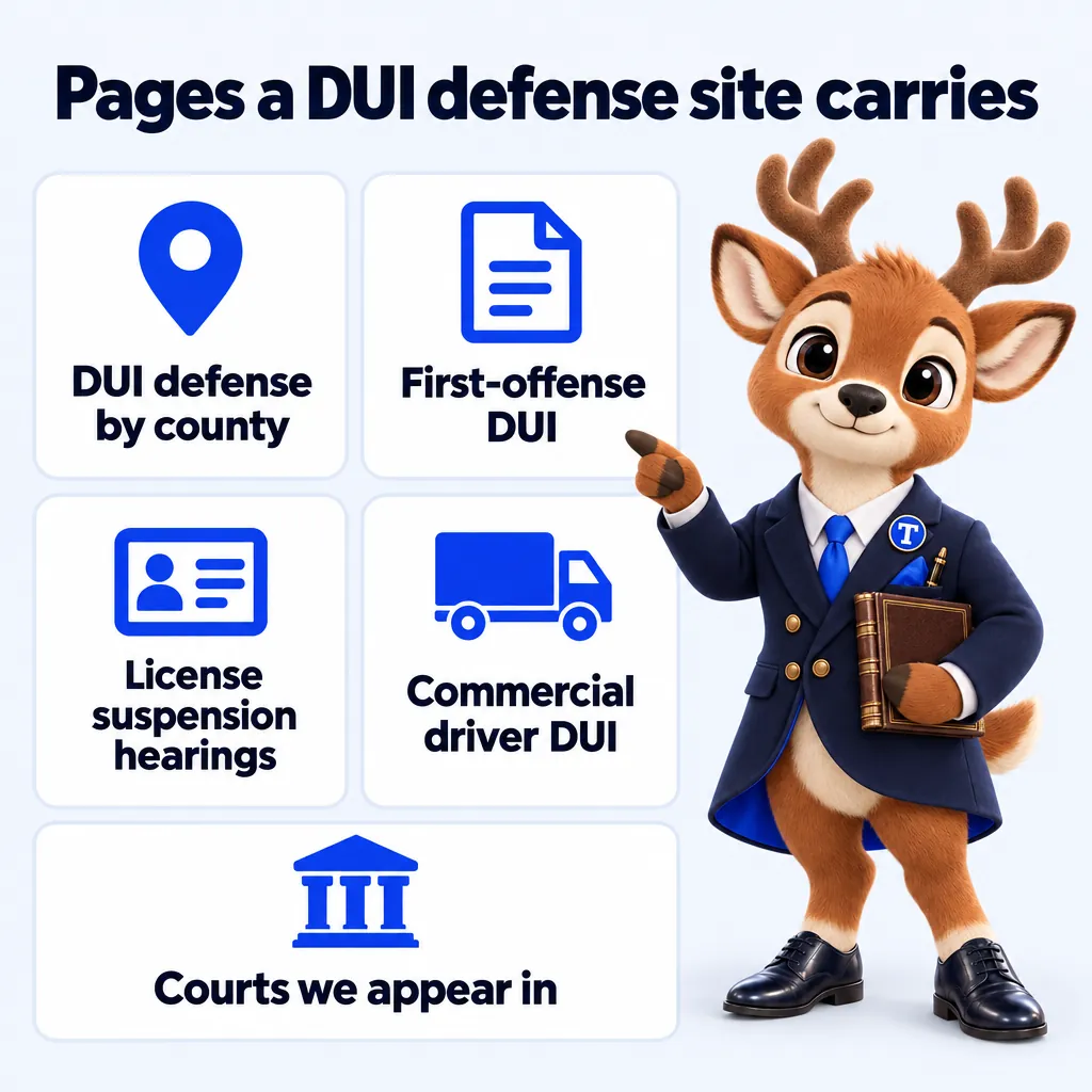 Pages a DUI defense site carries: DUI defense by county; First-offense DUI; License suspension hearings; Commercial driver DUI; Courts we appear in. Tiber, the stag mascot, presents it.