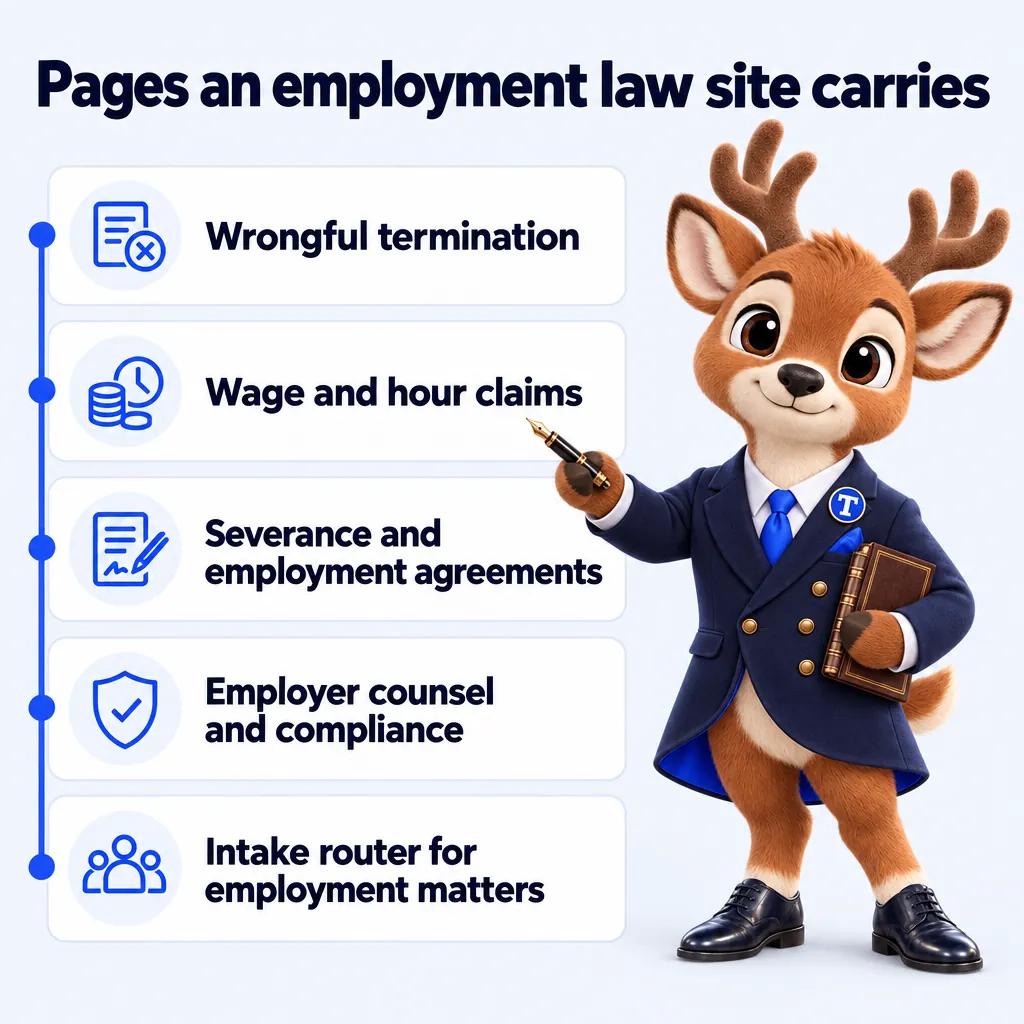 Pages an employment law site carries: Wrongful termination; Wage and hour claims; Severance and employment agreements; Employer counsel and compliance; Intake router for employment matters. Tiber, the stag mascot, presents it.