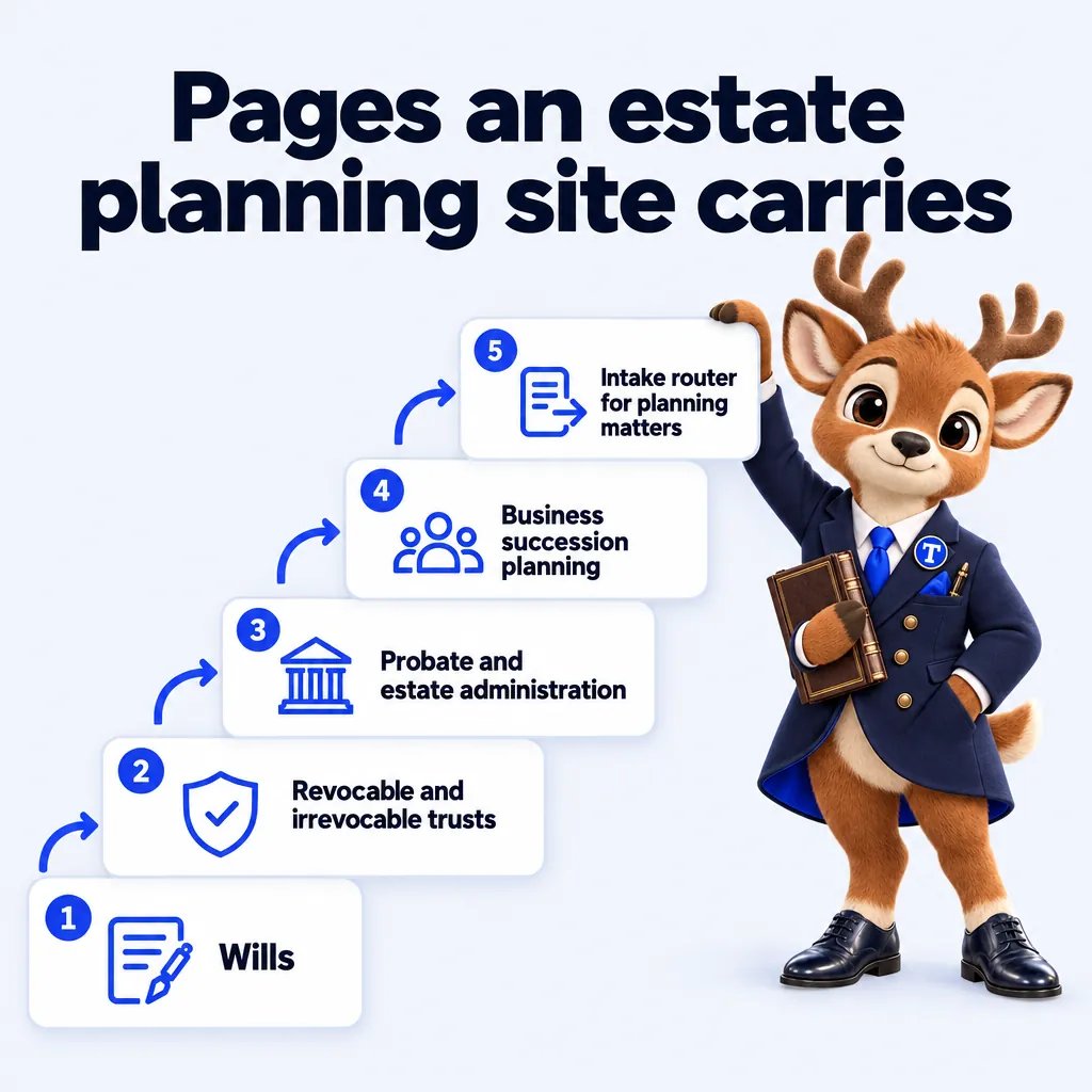 Pages an estate planning site carries: Wills; Revocable and irrevocable trusts; Probate and estate administration; Business succession planning; Intake router for planning matters. Tiber, the stag mascot, presents it.