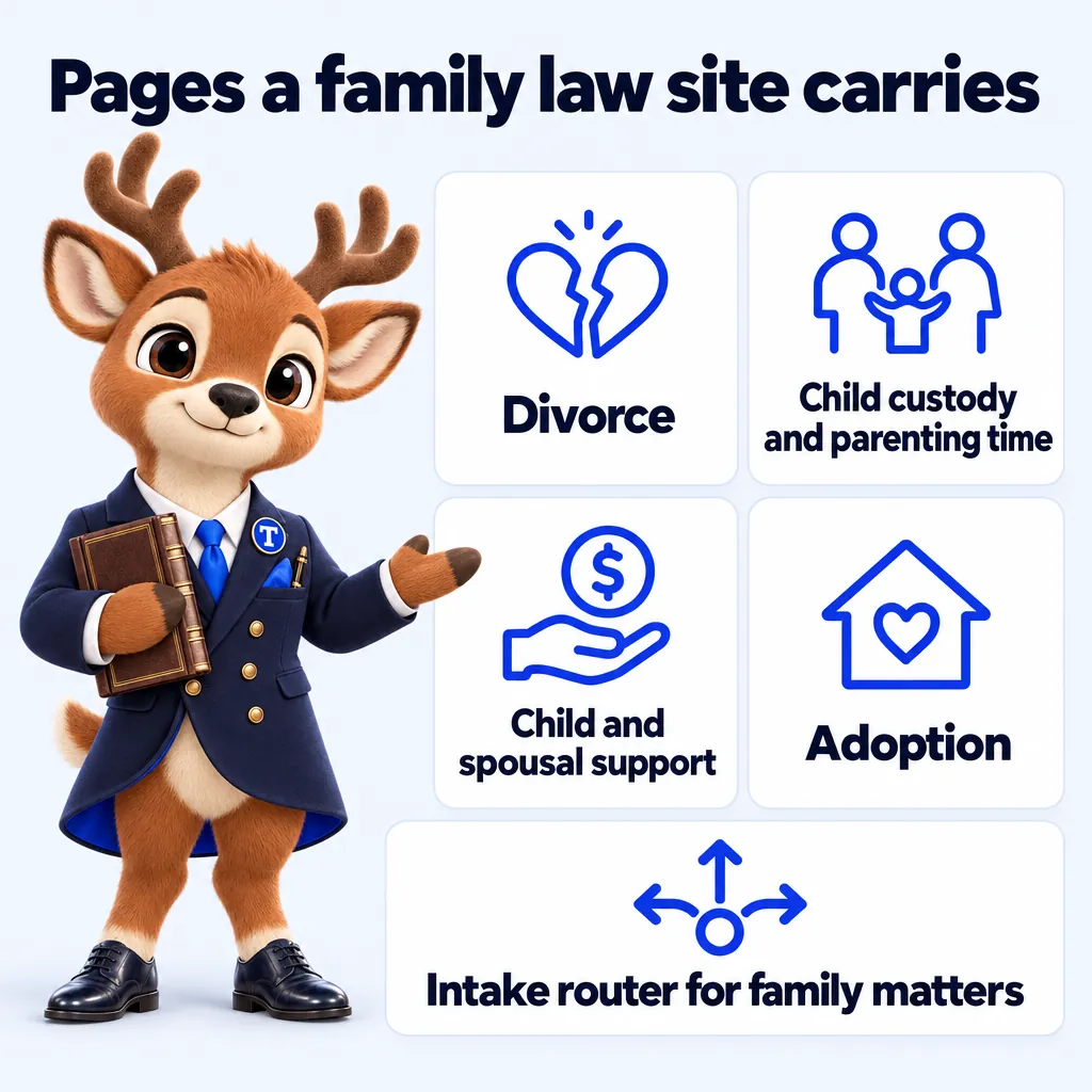 Pages a family law site carries: Divorce; Child custody and parenting time; Child and spousal support; Adoption; Intake router for family matters. Tiber, the stag mascot, presents it.