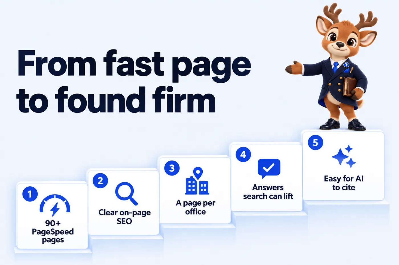 From fast page to found firm: 1 90+ PageSpeed pages; 2 Clear on-page SEO; 3 A page per office; 4 Answers search can lift; 5 Easy for AI to cite. Tiber, the stag mascot, presents it from the top step.