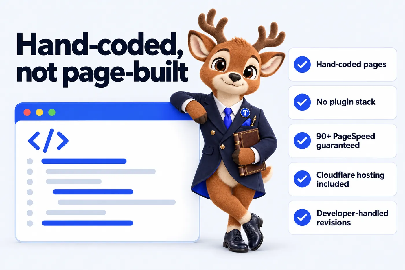 Hand-coded, not page-built: Hand-coded pages; No plugin stack; 90+ PageSpeed guaranteed; Cloudflare hosting included; Developer-handled revisions. Tiber, the stag mascot, presents it.
