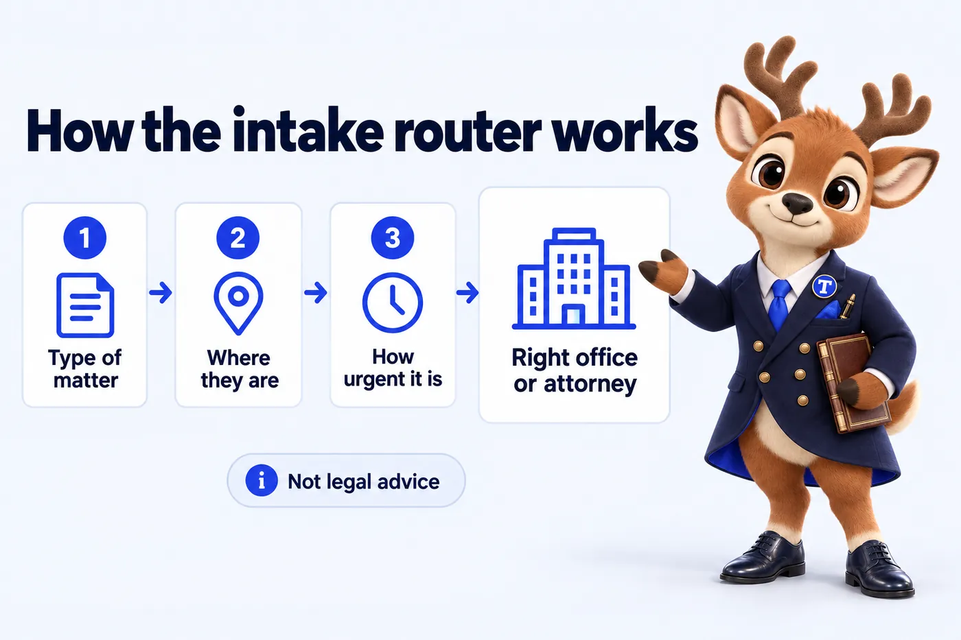 How the intake router works: Type of matter; Where they are; How urgent it is; Right office or attorney; Not legal advice. Tiber, the stag mascot, presents it.