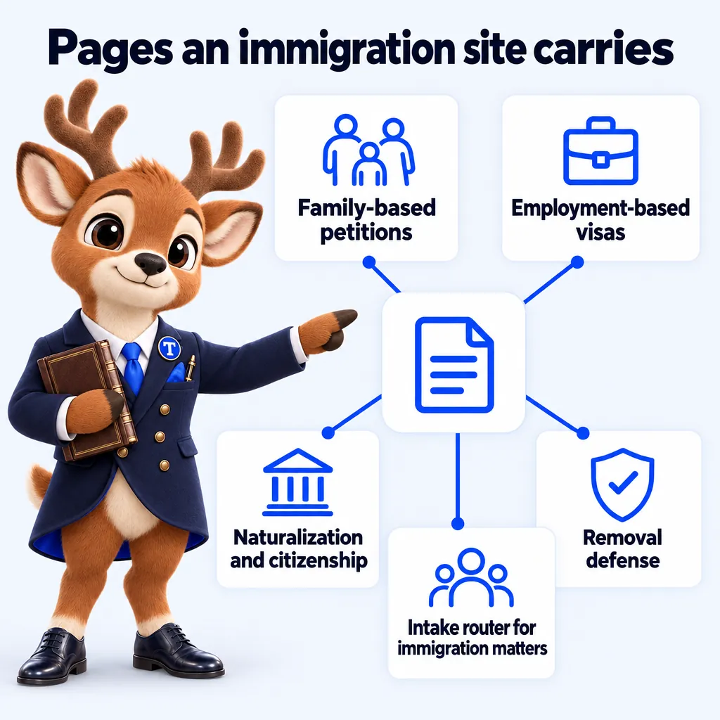 Pages an immigration site carries: Family-based petitions; Employment-based visas; Naturalization and citizenship; Removal defense; Intake router for immigration matters. Tiber, the stag mascot, presents it.