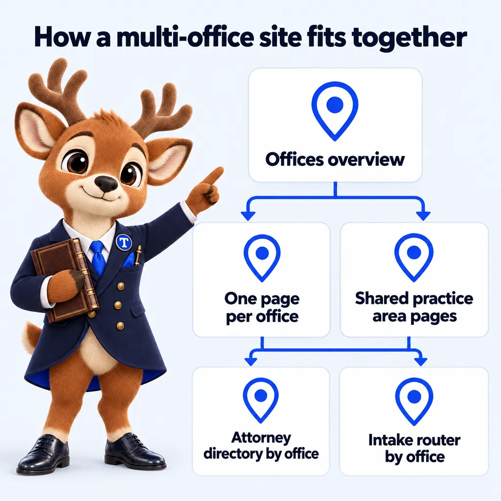 How a multi-office site fits together: Offices overview; One page per office; Shared practice area pages; Attorney directory by office; Intake router by office. Tiber, the stag mascot, presents it.