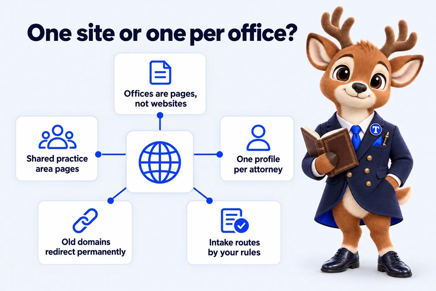 One site or one per office? Offices are pages, not websites. Shared practice area pages. One profile per attorney. Old domains redirect permanently. Intake routes by your rules. Tiber the stag mascot holds an open book beside the diagram.