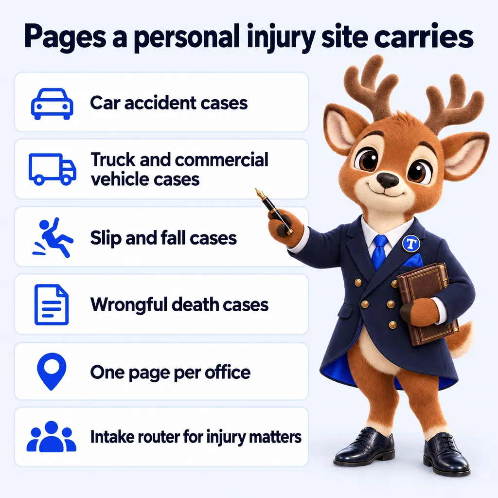 Pages a personal injury site carries: Car accident cases; Truck and commercial vehicle cases; Slip and fall cases; Wrongful death cases; One page per office; Intake router for injury matters. Tiber, the stag mascot, presents it.