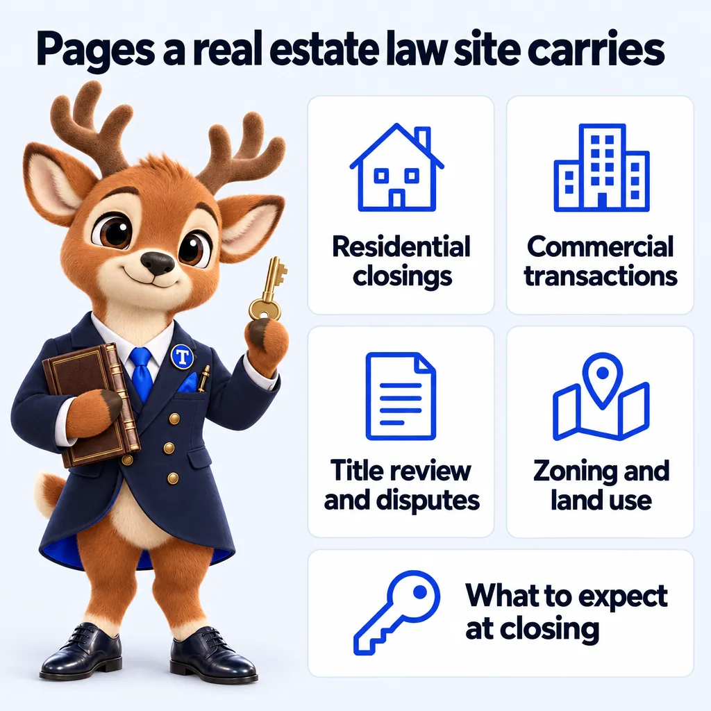 Pages a real estate law site carries: Residential closings; Commercial transactions; Title review and disputes; Zoning and land use; What to expect at closing. Tiber, the stag mascot, presents it.