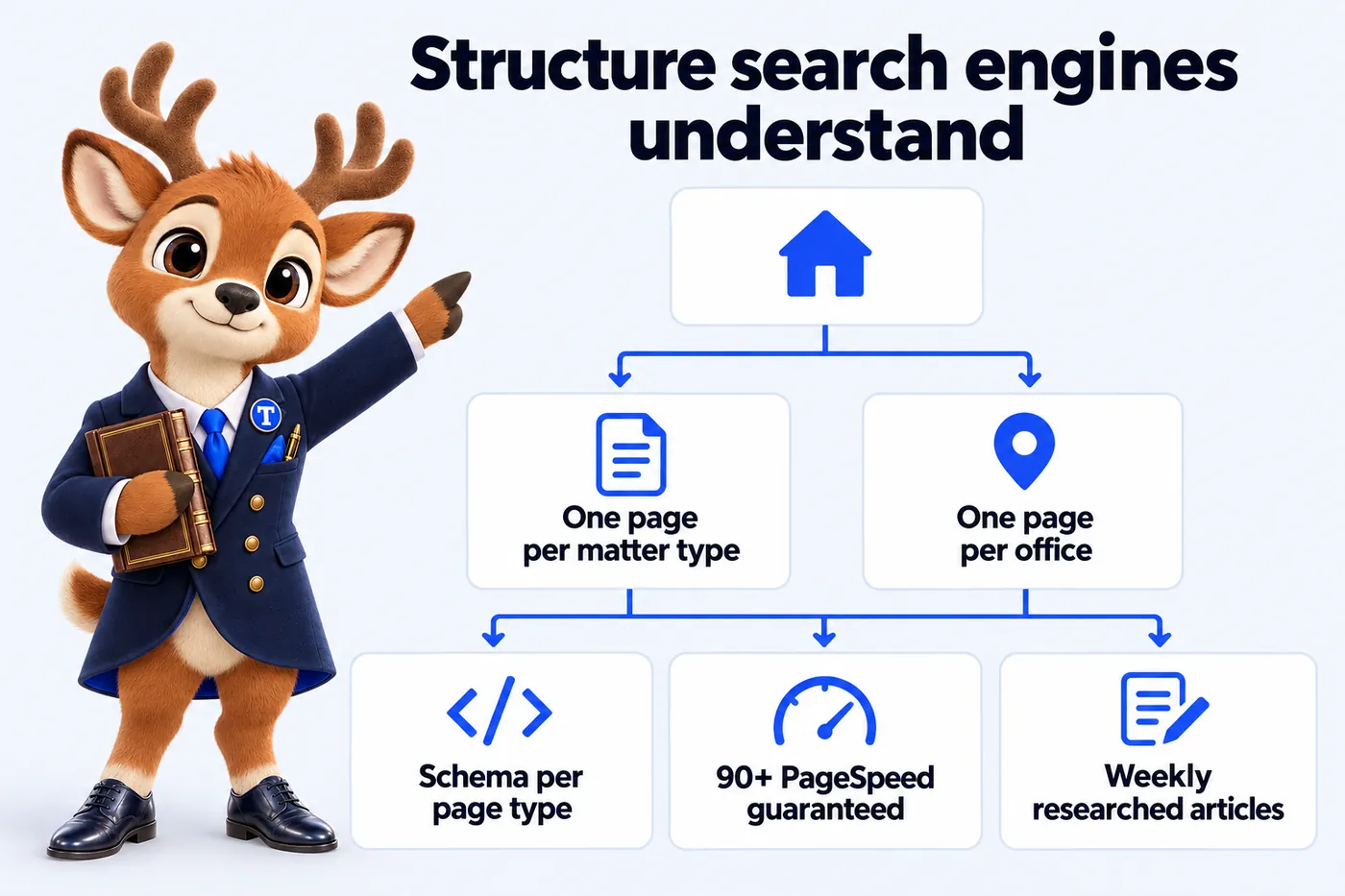 Structure search engines understand: One page per matter type; One page per office; Schema per page type; 90+ PageSpeed guaranteed; Weekly researched articles. Tiber, the stag mascot, presents it.
