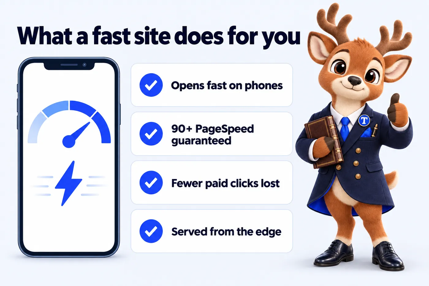 What a fast site does for you: Opens fast on phones; 90+ PageSpeed guaranteed; Fewer paid clicks lost; Served from the edge. Tiber, the stag mascot, presents it.