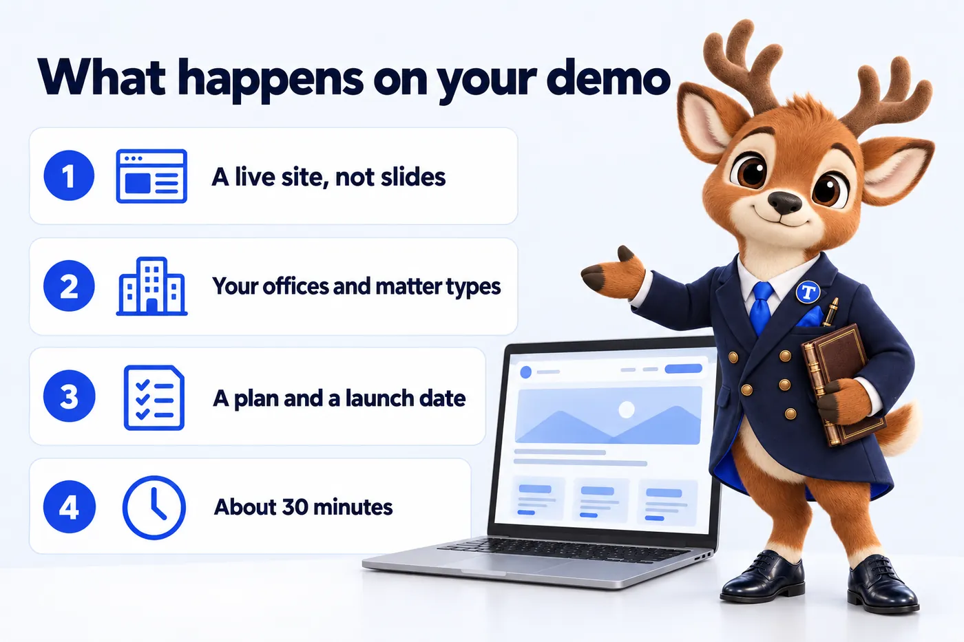 What happens on your demo: A live site, not slides; Your offices and matter types; A plan and a launch date; About 30 minutes. Tiber, the stag mascot, presents it.