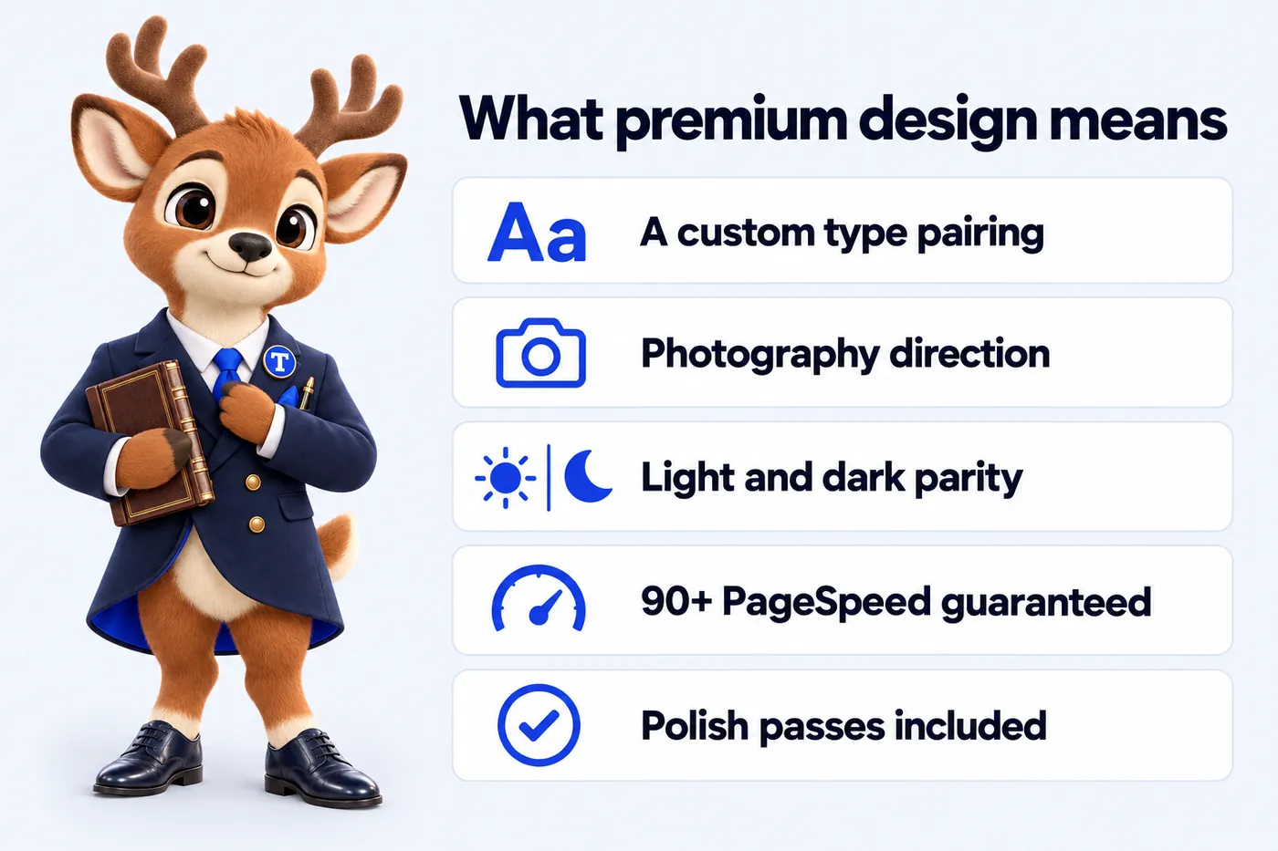 What premium design means: A custom type pairing; Photography direction; Light and dark parity; 90+ PageSpeed guaranteed; Polish passes included. Tiber, the stag mascot, presents it.