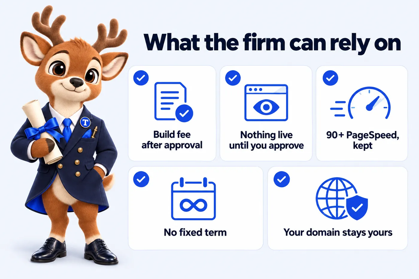 What the firm can rely on: Build fee after approval; Nothing live until you approve; 90+ PageSpeed, kept; No fixed term; Your domain stays yours. Tiber, the stag mascot, presents it.