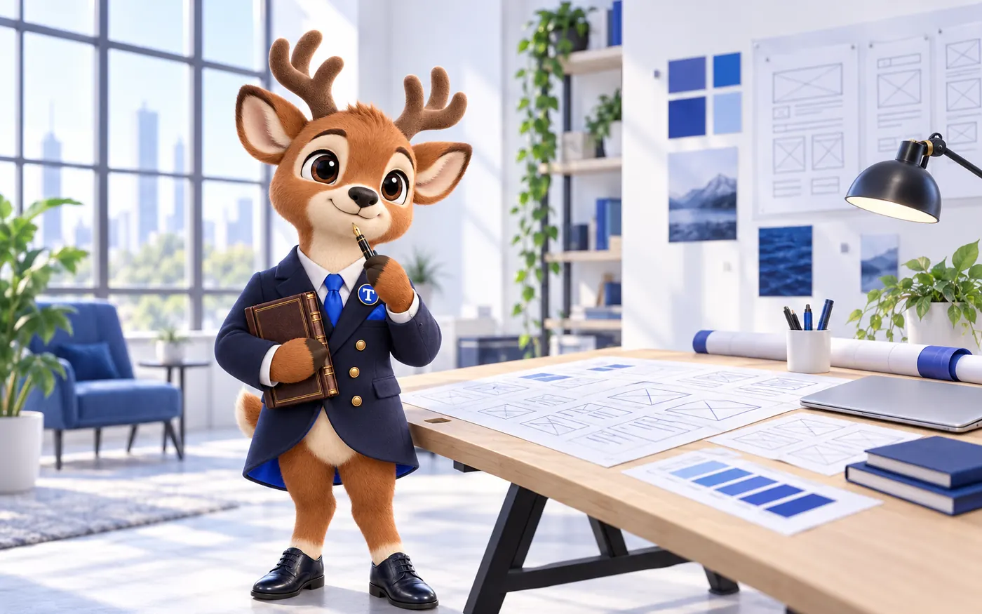 Tiber the stag mascot holding a fountain pen beside a drafting table covered in website wireframe sketches and blue swatches