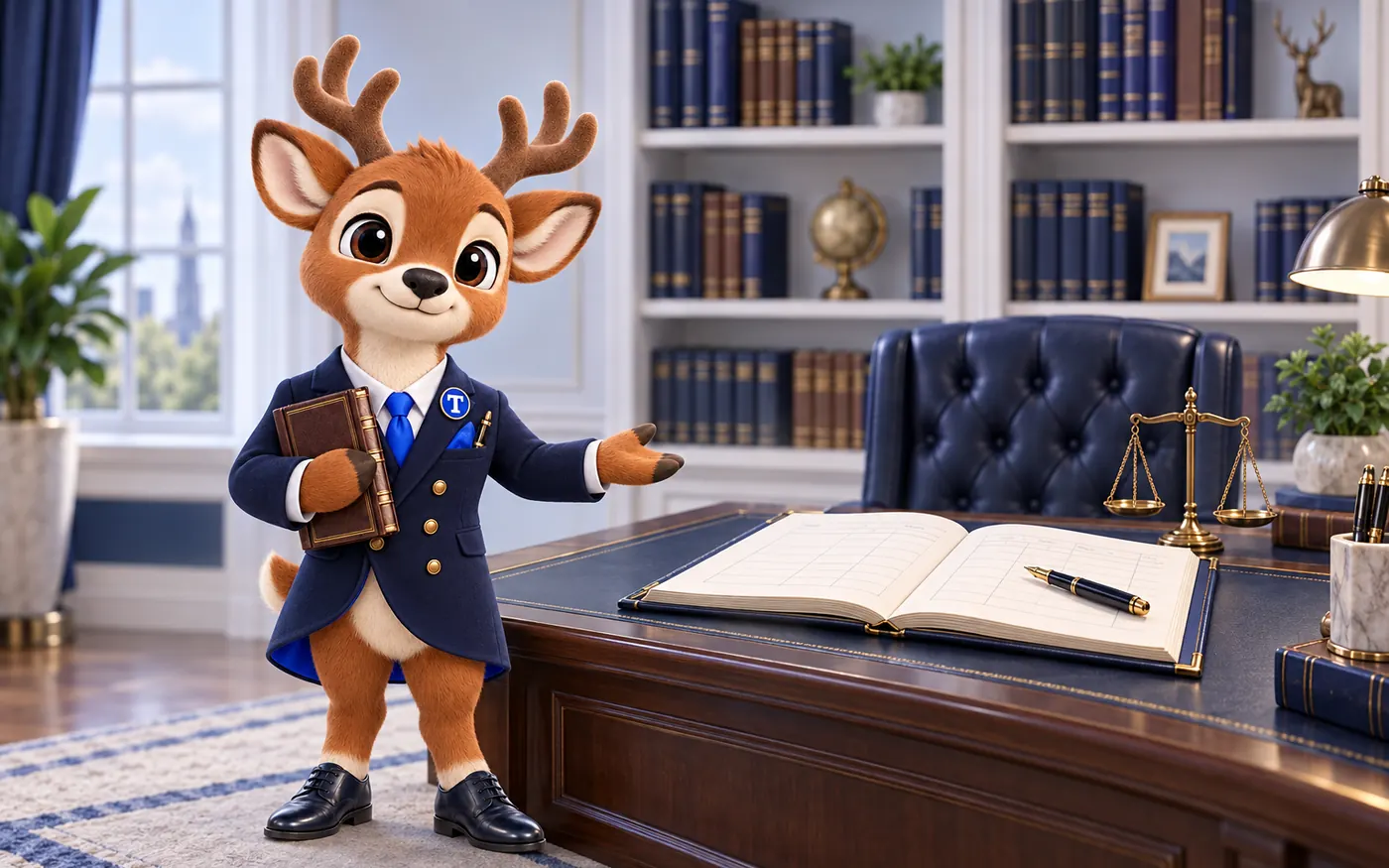 Tiber the stag mascot in a navy coat presenting an open ledger on a partner's desk beside a small balance scale