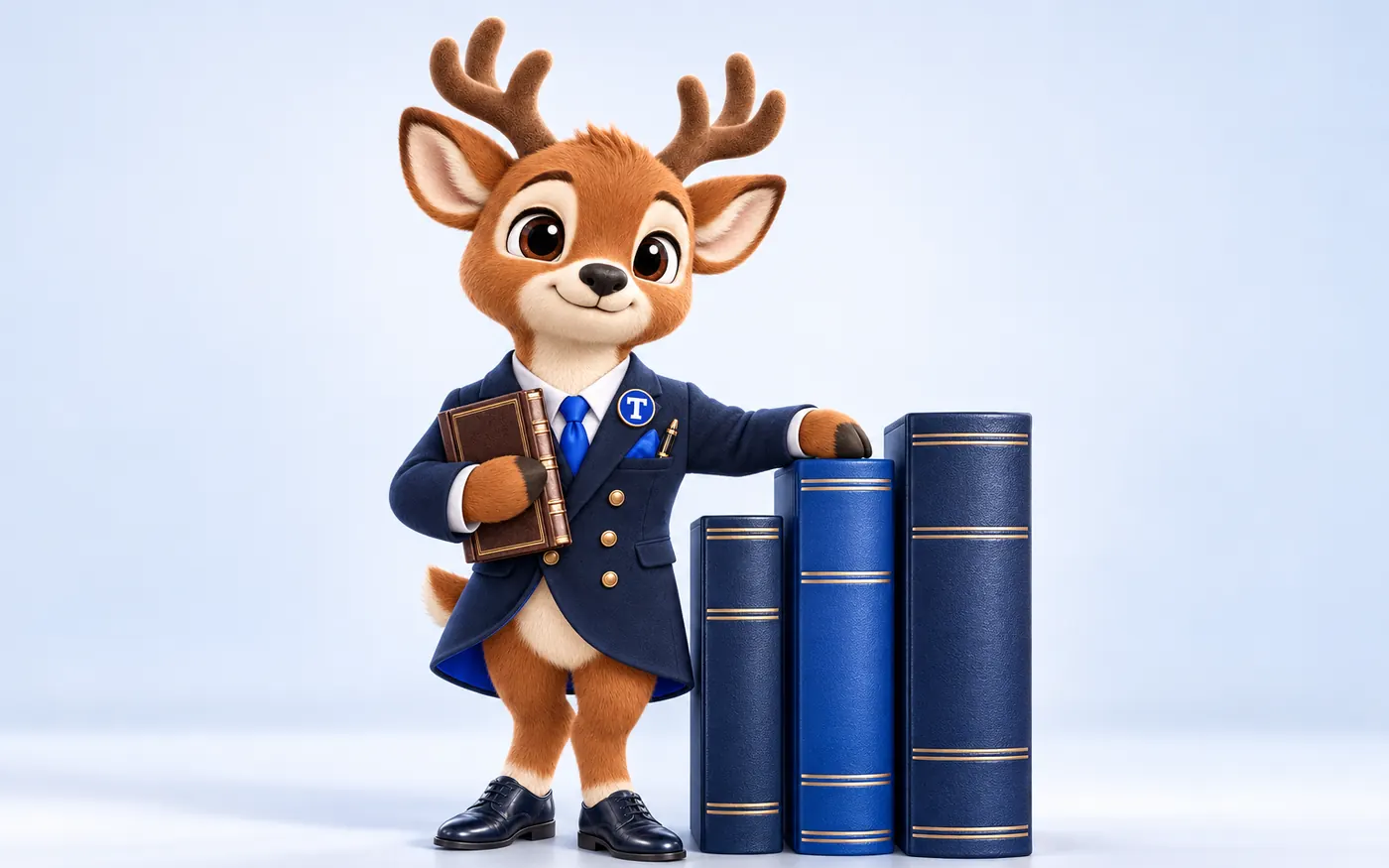 Tiber the stag mascot resting a hand on the tallest of three navy bound volumes of increasing size