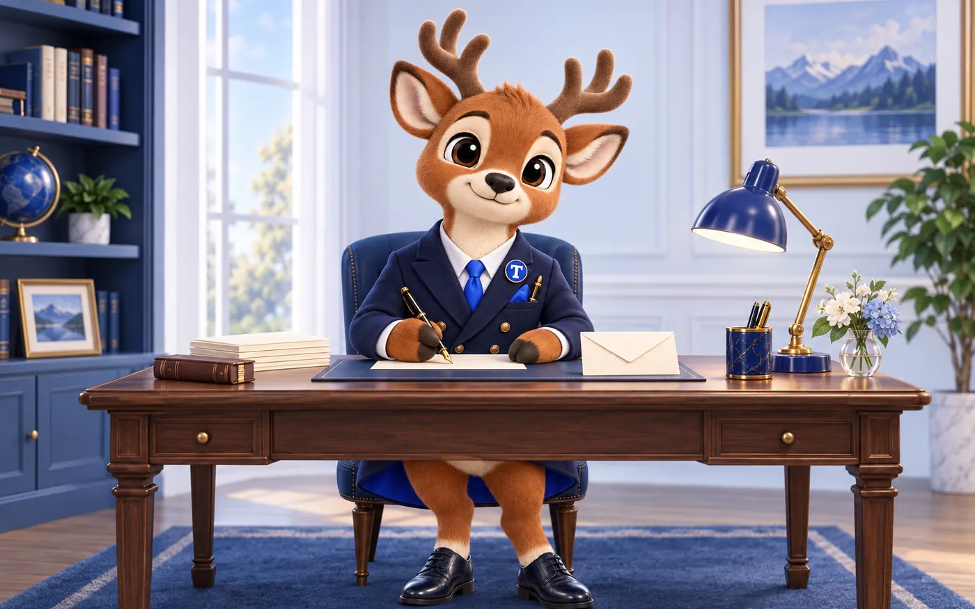 Tiber the stag mascot at a writing desk, writing a letter with a fountain pen beside an envelope and a blue lamp